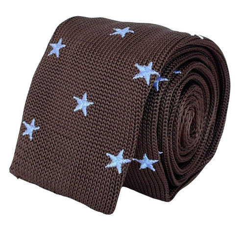 chocolate coffee brown knitted tie with embroidered white stars